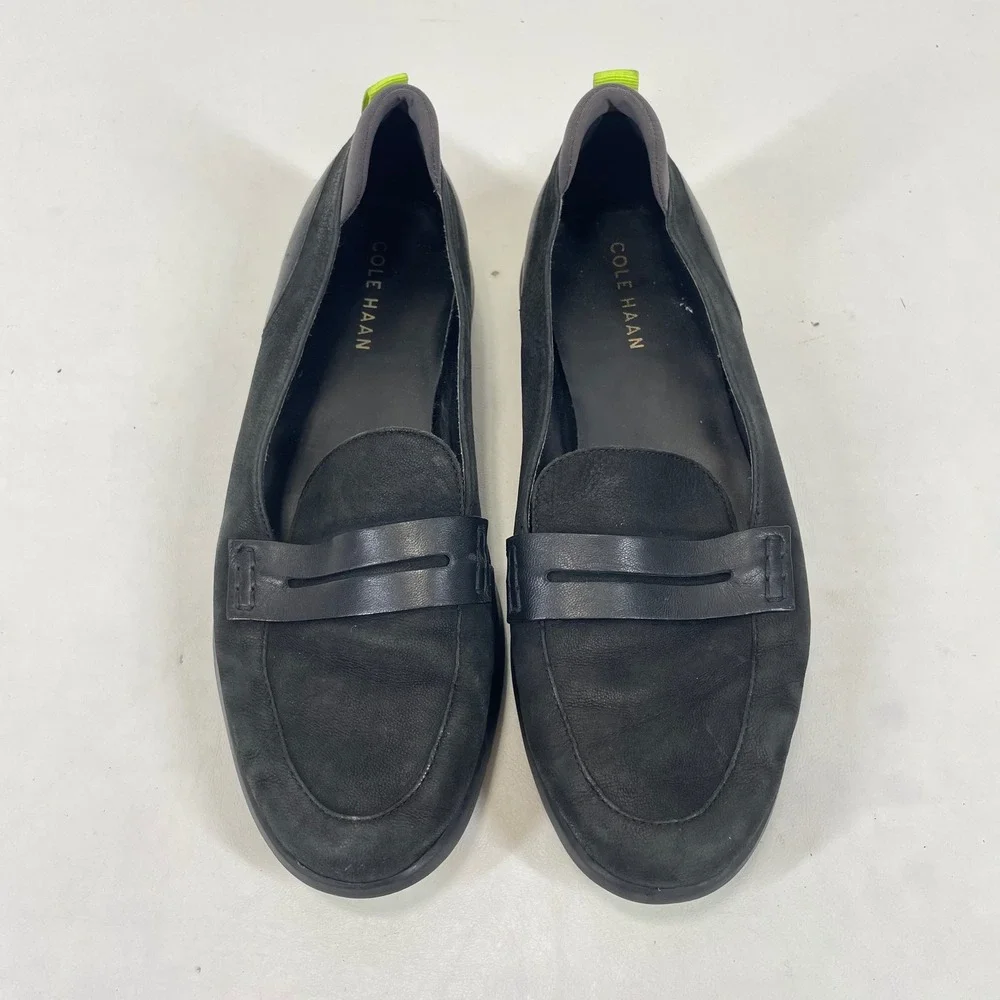 Cole Haan Grand W20962 Black Leather Suede Neon Yellow Penny Loafers Womens 9B